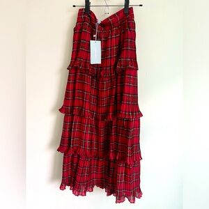 ANTONIO MELANI Katrina Red Plaid Tiered Ruffle Midi Maxi Skirt NWT